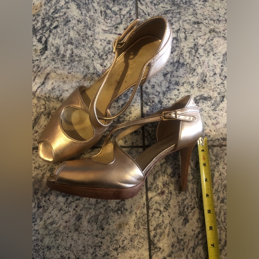 Gold leather peep toe heels.  Talbots